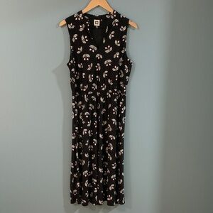 Vintage Anne Klein Black Dress with leaf Pattern in white and pink